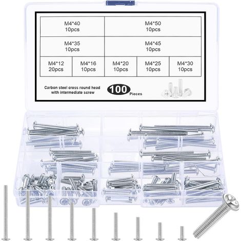 100 Pcs M4 Vis Poignée de Porte, Boulon Poignée Meuble, Boulons de Fixation Bouton de Meuble, Vis à Tête Cruciforme, M4Vis pour Poignée de Porte de Armoires Commodes Placards Tiroirs (9 Tailles) (1/5)