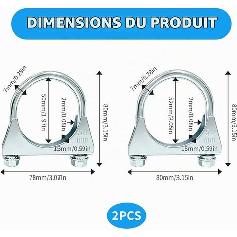 colliers échappement 52 mm et 50 mm, colliers de serrage en U, collier serrage à boulon, fixation pour tuyaux d’échappement automobiles et motos (1/4)