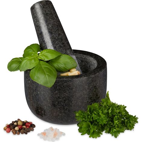 Relaxdays Mortaio & Pestello in Granito, Robusto & Resistente, Erbe Aromatiche, in Pietra Lucida, V 100ml, Ø 8,5, grigio (1/5)