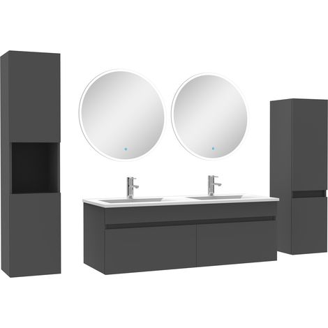 Ocean meuble Salle de Bain Anthracite 120cm double vasque + colonne + miroir rond LED