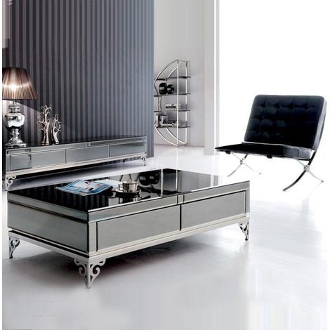Table basse rectangulaire en verre fumé noir – Pieds en métal chromé avec arabesques – 2 tiroirs intégrés avec miroirs – 120 x 65 x 40 cm – Meubler Design