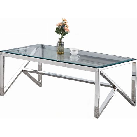 Table Basse MAJESTIQUE Rectangle Plateau Verre Trempé Transparent Pieds Chrome 120x60x45cm (1/4)