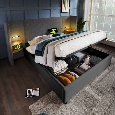 DESVIAE Lit double avec rangement 160 x 200 cm tête de lit avec étagère lampe de lecture USB Type C sommier à lattes bois massif et métal gris (1/5)