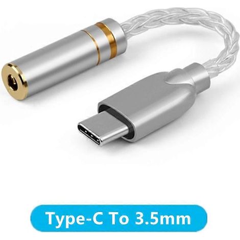 Adaptateur casque mini-jack USB-C femelle DAC 2,5 mm, 3,5 mm et 4,4 mm avec câble audio en argent pur et connecteurs audio. Convertisseur USB-C vers 3,5 mm. (1/5)