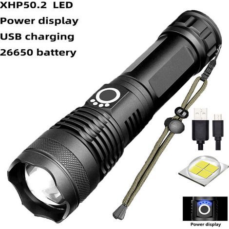 Lampe Torche LED Ultra Puissante, 12000 Lumens Lampe de Poche Rechargeable, XHP70.2 Lampe Tactique, IP67 Étanche, 5 Modes USB Torche, pour Camping Randonnée Urgence (avec 5000mAh batterie) (1/5)