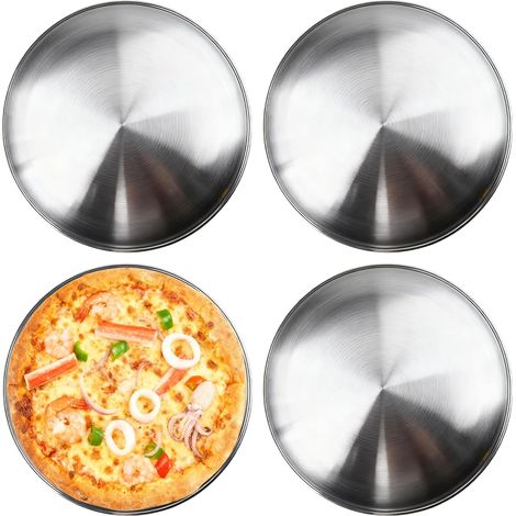Lot de 4 plaques à pizza rondes en acier inoxydable de 30 cm pour four, pâtisserie, servir, rôtir, plaque de cuisson à pizza en métal argenté pour la cuisine, le plaisir du café, passe au (1/5)