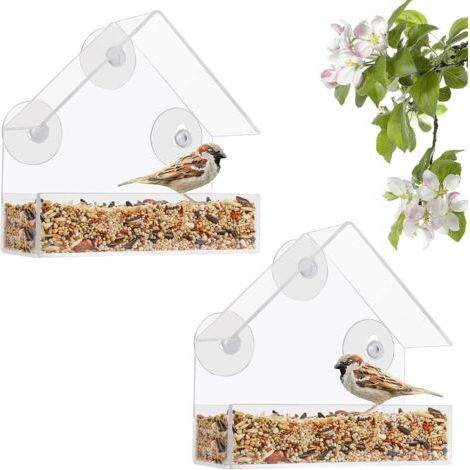 Transparente Vogelfutterstation aus Kunststoff (2er-Set) – Transparentes Vogelhaus/Futterstation aus Kunststoff mit Saugnäpfen und Futterschale – Beobachten Sie Vögel wie Finken, Spatzen und andere (1/5)