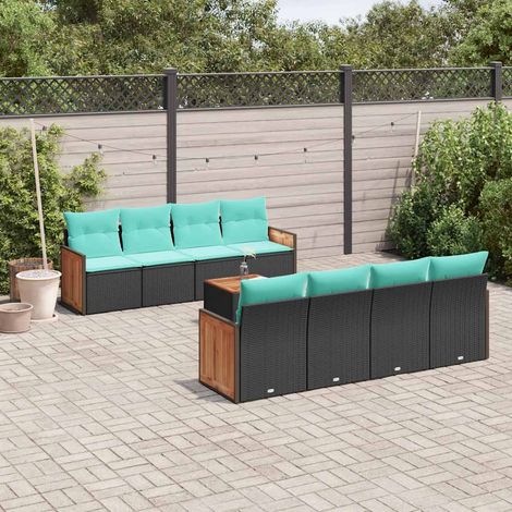 9-teiliges Gartensofa-Set mit Kissen, schwarzes Polyrattan (1/5)