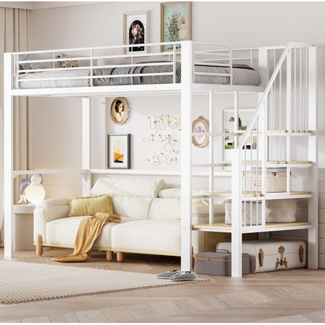 Lit mezzanine 90x200 cm en métal et bois blanc avec escalier et espace de rangement (1/5)