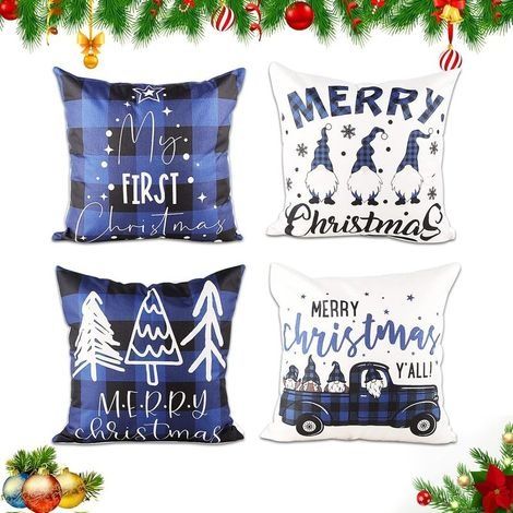 Housse de Coussin Noel, Coussin Taie d'oreiller Noël, 4 Pièces Taie Oreiller Noël, 45x45cm Noël Taie d'oreiller AVCE Fermeture Éclair Cachée, pour Canapé Lit Voiture Intérieur Maison Deco (1/4)