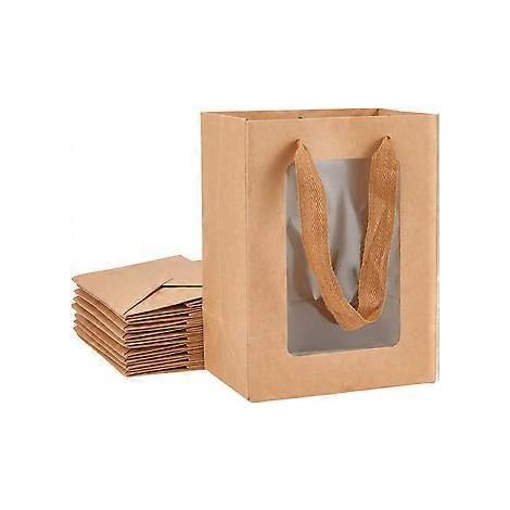 10er-Pack BurlyWood Kraftpapiertüten mit Sichtfenster, 20 x 15 x 10 cm, Geschenktüten mit transparentem Sichtfenster für Weihnachten, Halloween, Süßigkeiten und Geschenkverpackungen