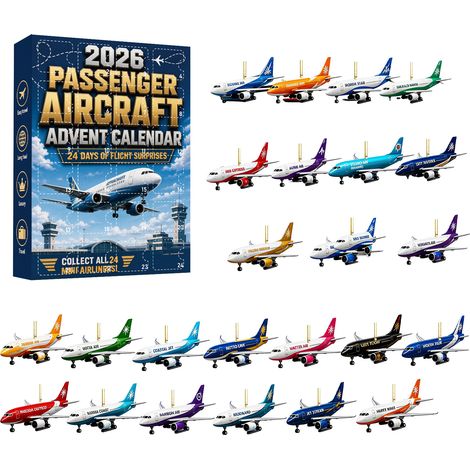Adventskalender 2026 - 24-tägiges Countdown-Set mit 2D-Acryl-Ornamenten in Form von Passagierflugzeugen - farbenfrohe Hängedekoration in Flugzeugform - Weihnachtsbaumschmuck und Geschenk für Luftfahrt (1/5)