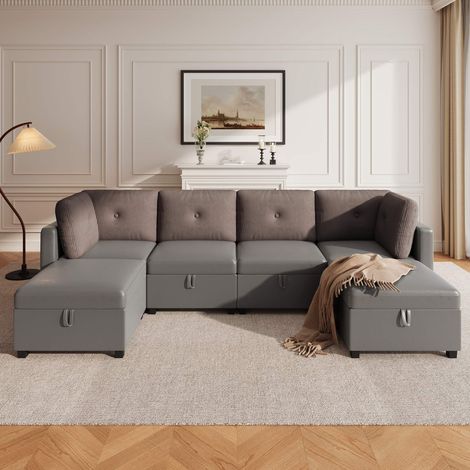Canapé modulable U 6 places gris antique avec rangement, canapé d’angle convertible en L ou méridienne, velours et velours côtelé, mousse haute densité (1/5)