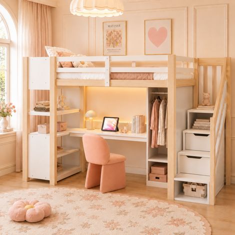 Lit mezzanine 90x200 cm - avec armoire - avec grand bureau - avec rangements - avec escalier - avec prises électriques - avec éclairage LED - naturel (matelas non inclus)