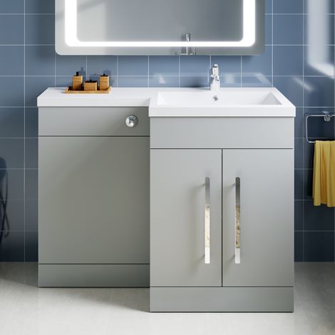ELEGANT 1100mm L Shape Bathroom Vanity Sink Unit Furniture Storage, Right Hand Matte Grey Vanity unit + Resin Basin + Concealed Cistern (1/5)