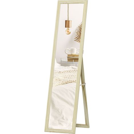 Miroir sur pied rectangulaire, peut être placé sur pied ou fixé au mur, miroir pleine longueur, convient aux dressings, chambres et salons, dimensions : 37 x 37 x 154 cm, couleur bois naturel.