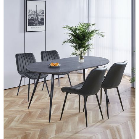 Hallowood Furniture Cullompton Large Dining Table and Chairs Set 4, Grey Marble Effect Oval Kitchen Table and Black Bonded Leather Dining Chairs, Modern Furniture Set for Home and Café (1/5)