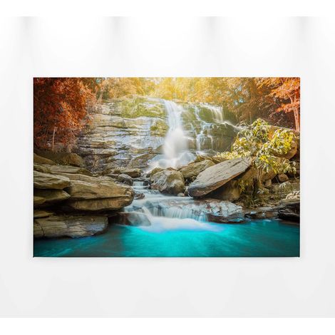 Tableau paysage cascade pour bureau | Tableau sur toile turquoise & orange | Tableau été mer & cascade pour cuisine & salon 0,9 x 0,6 m (1/5)