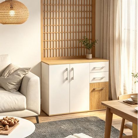 OKWISH Sideboard 90 x 30 x 75,5 cm aus Spanplatte, Weiß und Natur (1/5)