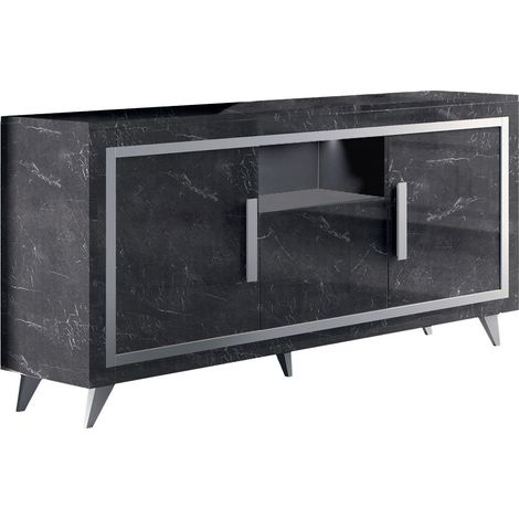 GUEDA - Buffet 3 Portes Effet Marbre Anthracite Finition Argent avec Leds (1/3)