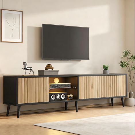 Meuble TV 175/31/43,5 cm aspect bois naturel et noir, avec LED et 3 portes (1/5)