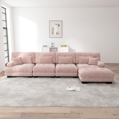 Canapé d’angle modulable 4 places, forme l avec ottoman mobile, tissu chenille, confort moelleux, rose (1/5)