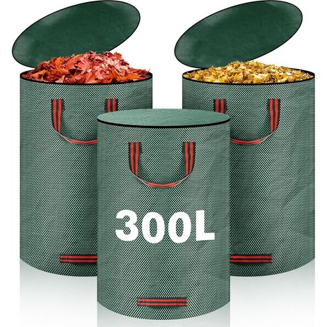 3 x 300L Green Waste Garden Sacks, Garden Bag with Lid and 4 Handles, Durable, Foldable and Reusable Garden Waste Bag for Leaves Waste (1/5)