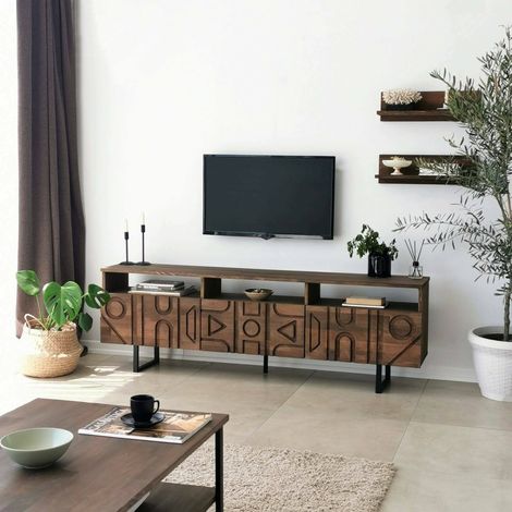 Dmora - Fernsehschrank Novastra, Ständer für Wohnzimmerfernseher, Niedriges Wohnzimmer-Sideboard, TV-Ständerbasis, 170x30h40 cm, Nussbaum, mit verstärkter Verpackung (1/5)