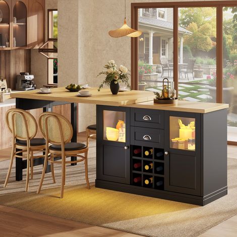 Table salle à manger extensible 120-197x40x72cm LED 3 couleurs 360°, rangement casier vin noir, charge 60kg (1/5)