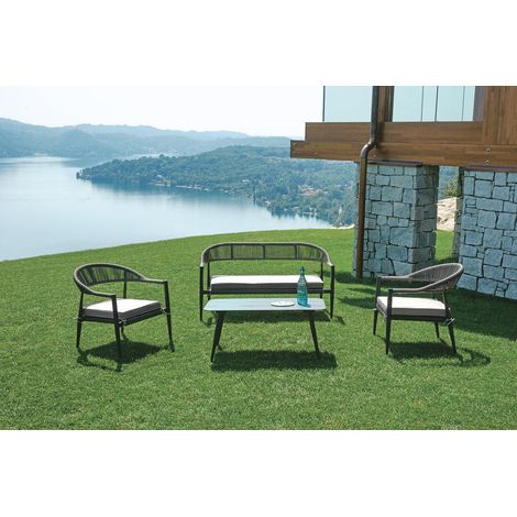 Set Salotto da Giardino Divano 2 Poltrone e Tavolino Milano In Alluminio Antracite con Cuscini Grigio Chiaro (1/5)