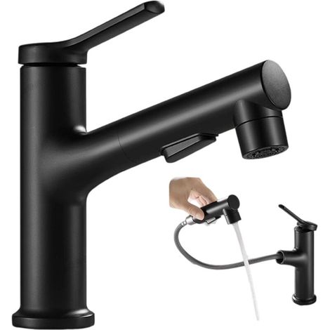 Robinet de lavabo noir mat avec 3 modes de pulvérisation, robinet de salle de bain rétractable, robinet mitigeur de lavabo à levier unique (1/5)
