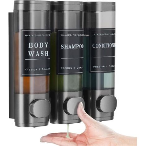 3-in-1 Wandseifenspender, Duschgelspender, kein Stanzen erforderlich, geeignet für Shampoo, Conditioner, Küche, Hotel (Grau) (1/5)