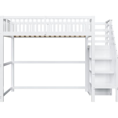 Cama alta infantil 90 x 200 blanca con escalera y almacenaje HOMVRA (1/5)