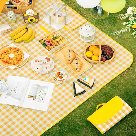 Coperta da picnic 150x200 cm, pieghevole, impermeabile e resistente alla sabbia, ideale per campeggio, famiglia, spiaggia e campeggio (a griglia gialla) (1/4)