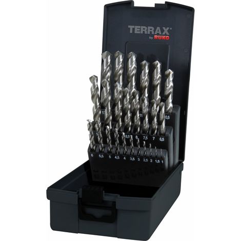TERRAX by RUKO 5x Spiralbohrer-Satz DIN 338 Typ N, HSS-G - 25 tlg. (Kassette Kunststoff) - A214215RO