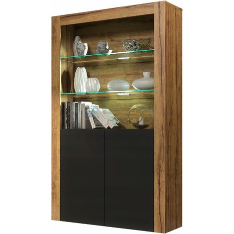 Vitrine JIVE 90 cm bois et noir style industriel commode avec LEDS