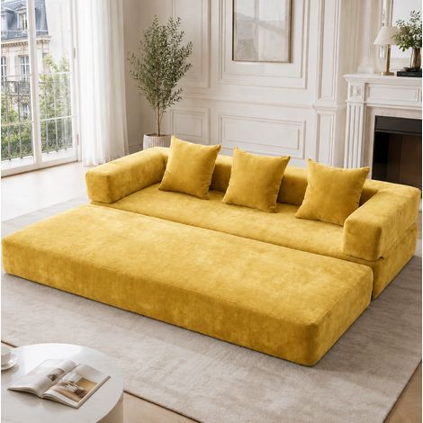 Canapé modulable 198x79x60 cm en tissu jaune moutarde, gain de place pour salon FloraGrace (1/5)