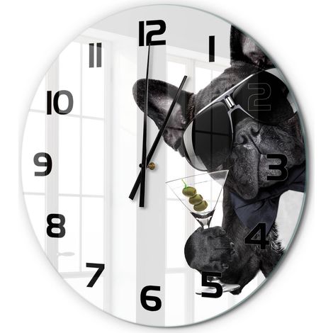 Horloge Murale Ronde Décoration Murale Verre Trempé Design Artistique Chien martini fi 60 cm (1/5)