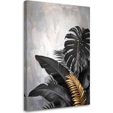 Bild auf Leinwand Schwarze Blätter von Monstera und Bananenbaum auf grauem Hintergrund 20x30 (1/5)