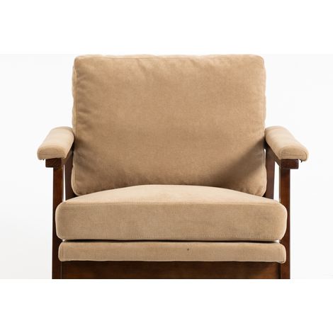 Fauteuil à bascule en velours marron clair, style mid-century, avec coussin lombaire et structure bois clair pour salon, lecture et détente CHICFURN (1/5)
