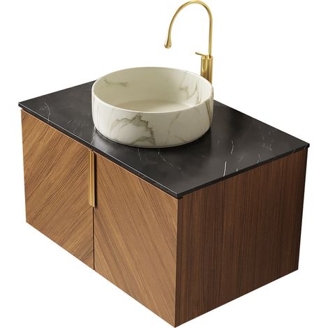 Mobile lavabo bagno sospeso 76 cm con lavabo rotondo in ceramica e piano in pietra nera (1/5)