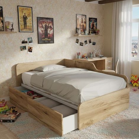 Divano letto singolo 120x190 con cassettoni - Ideale per camerette - Quercia