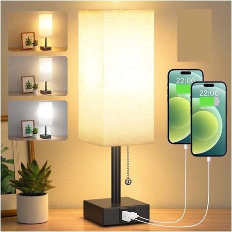 Shmshng – Lampe de chevet à intensité variable 3 couleurs 3000K/4000K/5000K – Ports de charge USB-A et USB-C – Ampoule LED E27 – Interrupteur à chaînette (1/4)