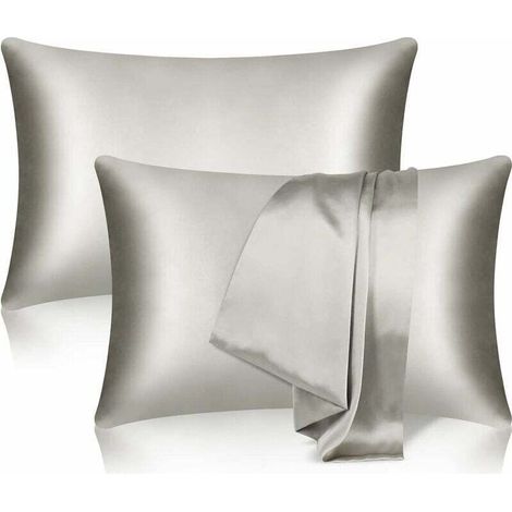 Lot de 2 Taies d'oreiller en Soie de Mûrier 100% Pure pour Cheveux et Peau, Double Face, Douce et Lisse avec Fermeture Éclair Dissimulée (Standard, 51 x 76 cm, Gris) (1/5)
