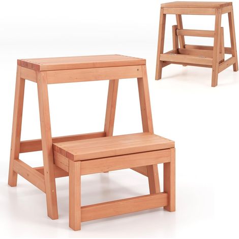 COSTWAY Escabeau 2 Marches Pliable, Marche Pied Bois 3 en 1, Tabouret Enfants et Adultes, Bois de Sapin Naturel, Structure en H, Jardiniere Balcon, Charge 250 kg, 50 × 39 × 45 cm, Naturel (1/5)