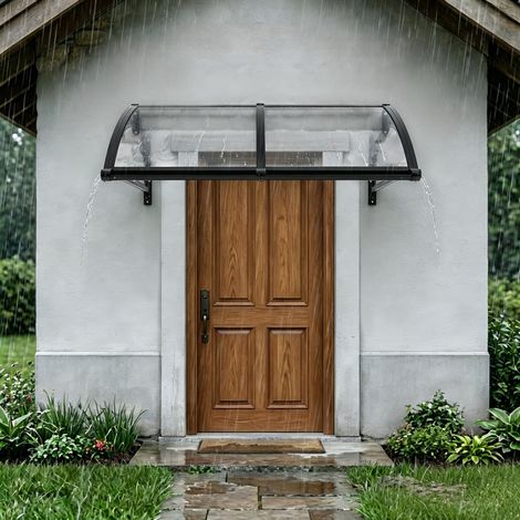 【Chauffage et ventilation】120 x 60 cm Auvent de Porte et fenêtres, Transparent, Noir, alliage d'aluminium pour porche extérieur, protection contre la pluie et les rayons UV pour Terrasse Balcon Patio (1/5)