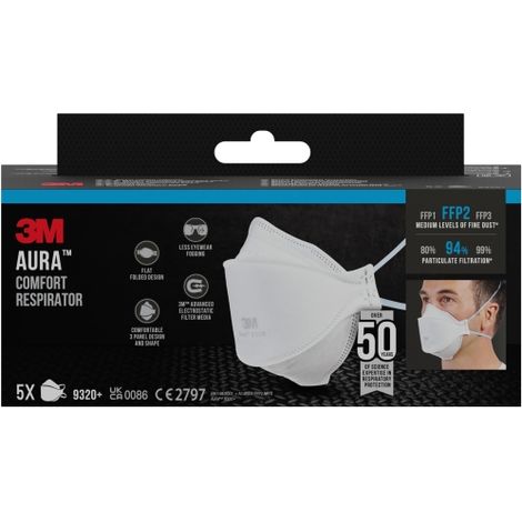 3m aura pack de 5 mascarillas para particulas ffp2 - desechable - sin valvula - para niveles medios de particulas - color blanco