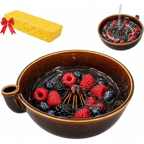 Bol à fruits tournant automatique céramique avec trous d'égouttage, lave-fruits et passoire pour fraises myrtilles raisins, marron vintage (1/5)