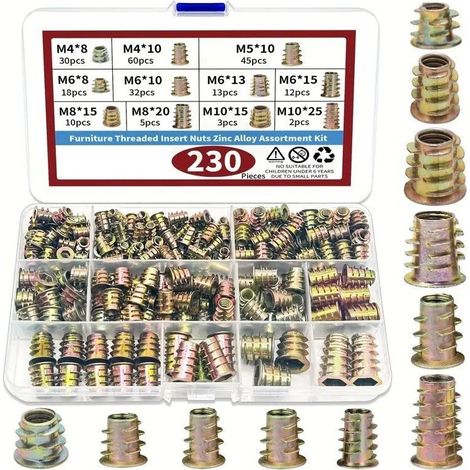 230 pièces écrous intérieurs/extérieurs pour meubles – écrous à tête fraisée et à six pans creux, inserts intégrés pour bois massif, écrous trapézoïdaux M4, M5, M6, M8, M10 (1/4)