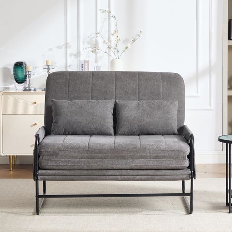 Sofá cama biplaza convertible en chenilla gris con estructura metálica y bolsillos laterales (1/5)